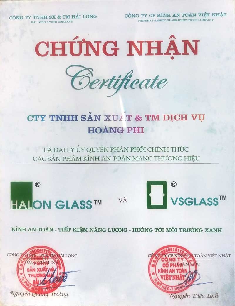 Chứng nhận phân phối kính Hải Long và Việt Nhật