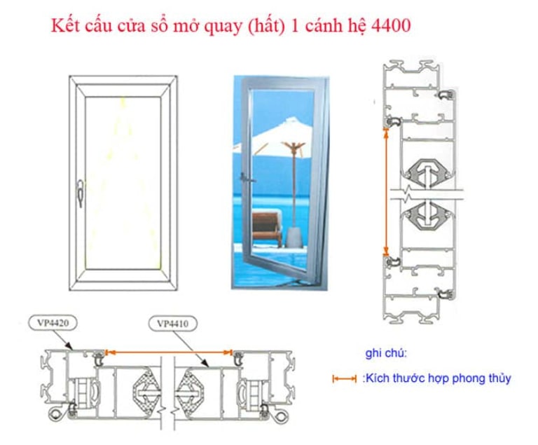 kích thước khung bao cửa sổ mở quay (hất) 1 cánh hệ nhôm 4400 Việt Pháp