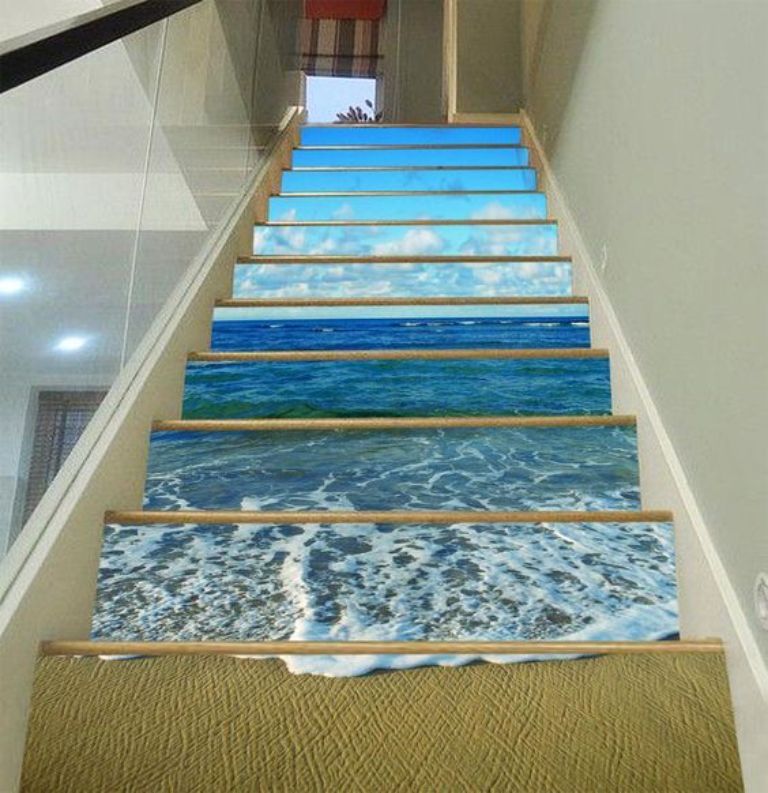 Thiết kế cầu thang 3D sóng biển xanh